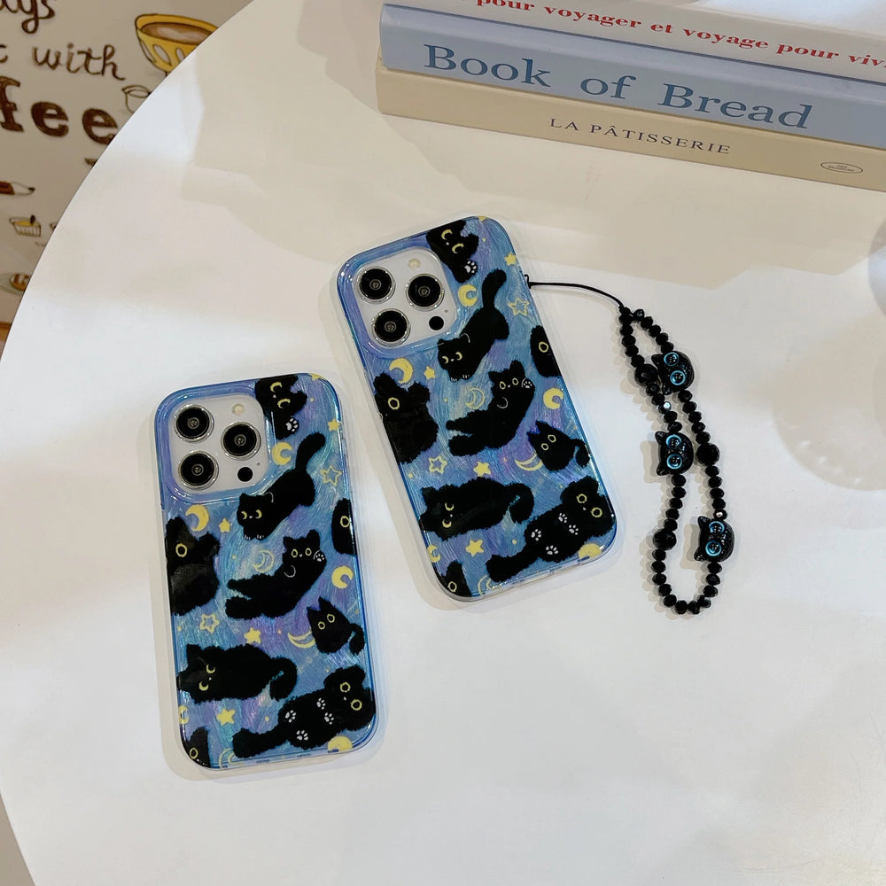 Cute Black Cats Double Layers Wrist Chain Case for iPhone