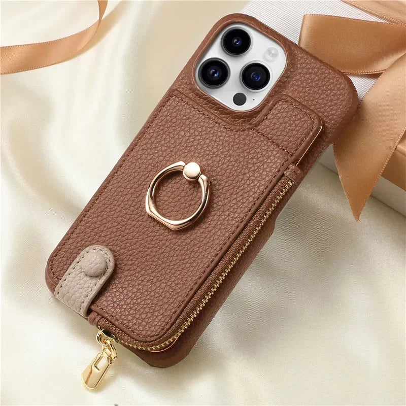 Leather Zipper Wallet with Card Holder Case For iPhone