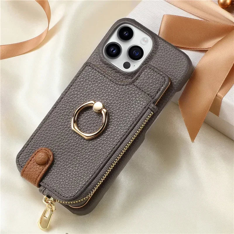 Leather Zipper Wallet with Card Holder Case For iPhone