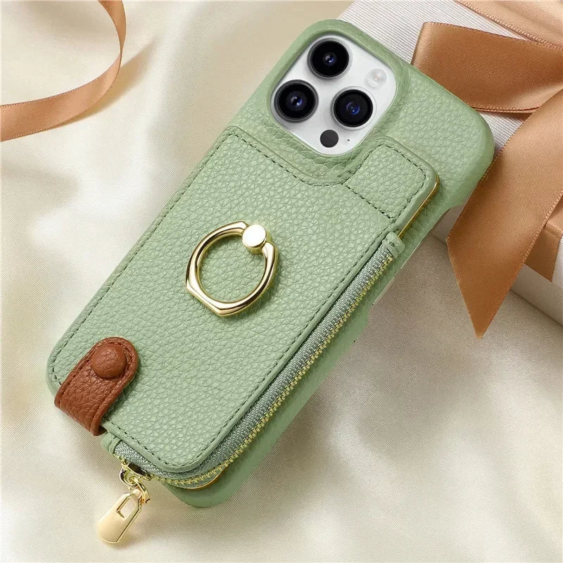 Leather Zipper Wallet with Card Holder Case For iPhone