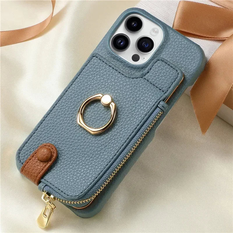 Leather Zipper Wallet with Card Holder Case For iPhone