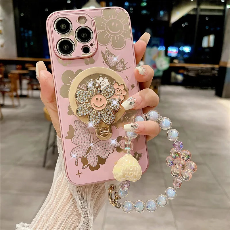 Luxurious Bling flower Glitter Lanyard Case For iPhone