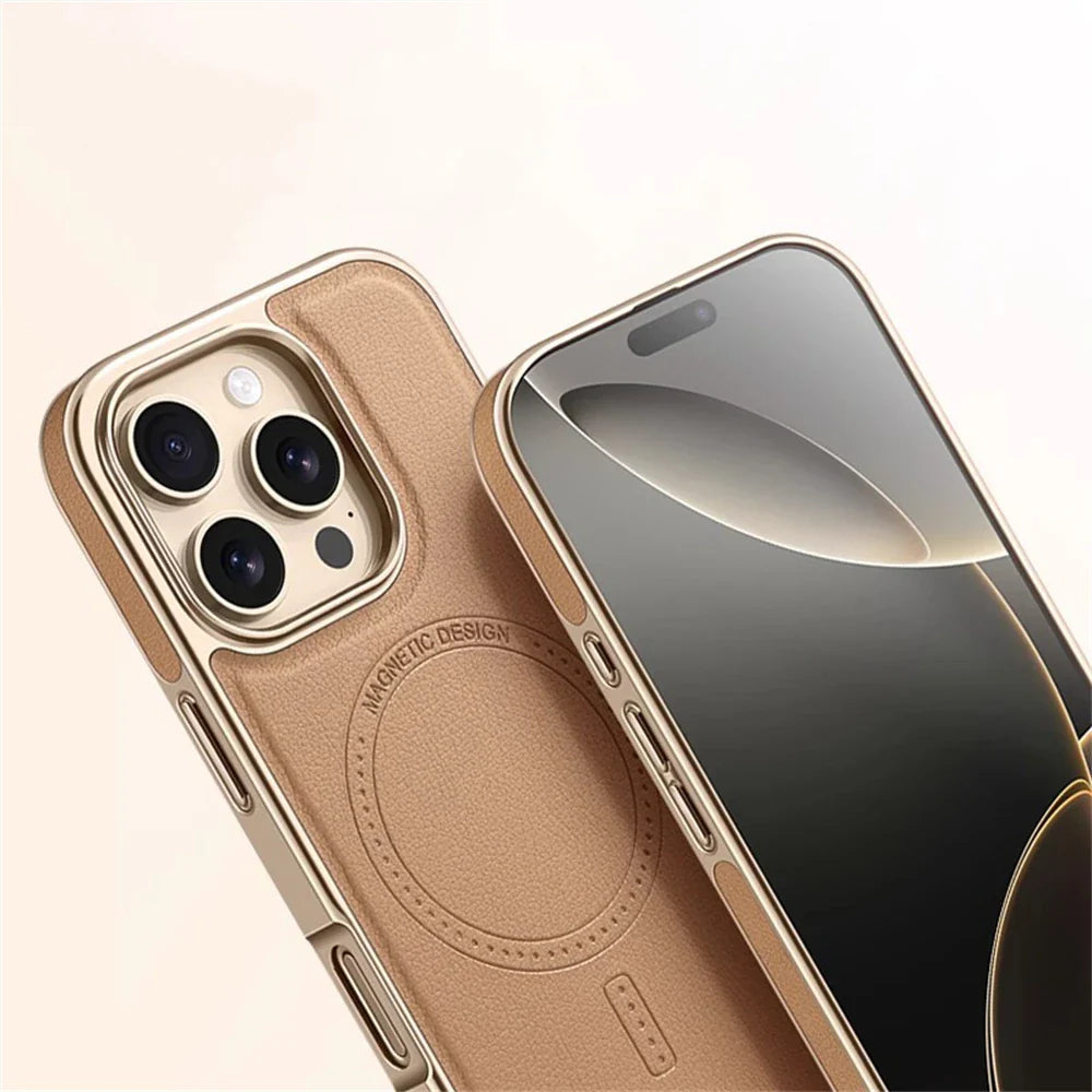 Luxury Business Plating Frame Leather Magnetic Back Case For iPhone