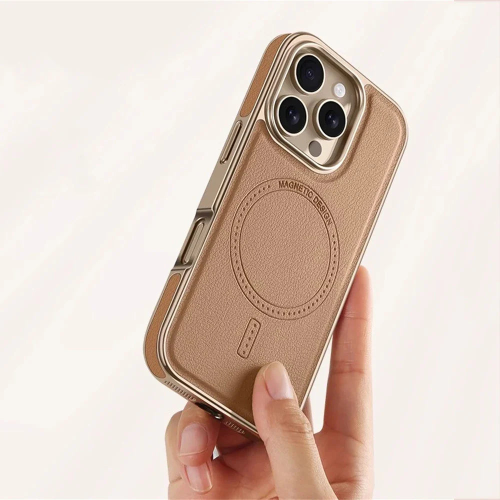 Luxury Business Plating Frame Leather Magnetic Back Case For iPhone