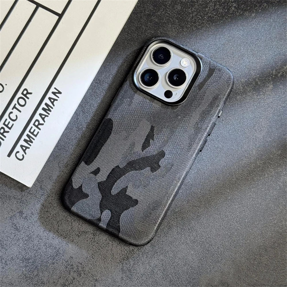 Luxury Camouflage Leather Shockproof Armor Magnetic Case For iPhone