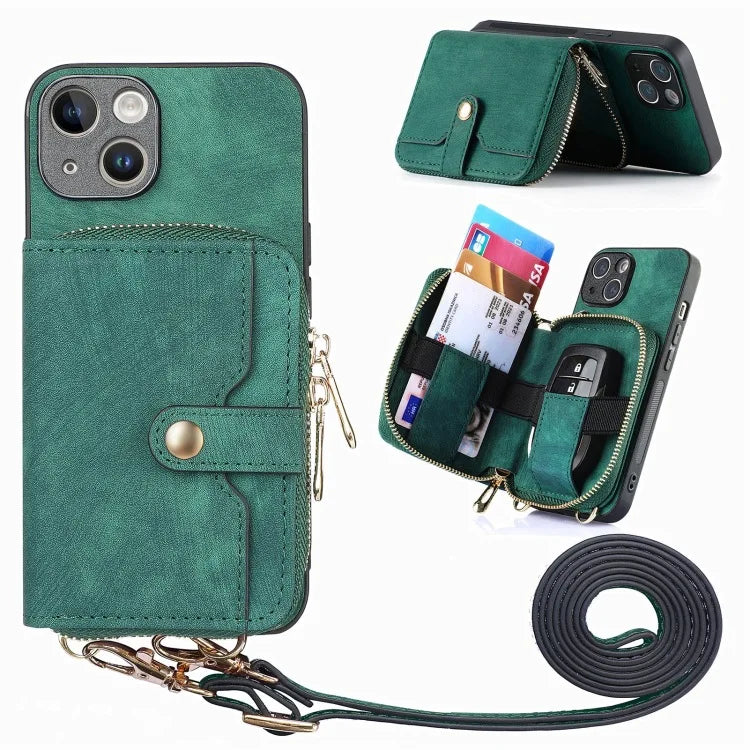 Luxury Crossbody Zipper Leather Rope Card Pocket Case For iPhone