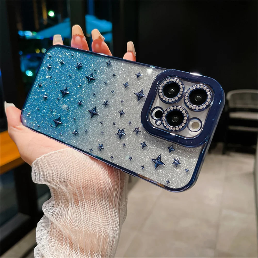 Bling Glitter Gradient Thin Y2K Star Plating Phone Case For iPhone