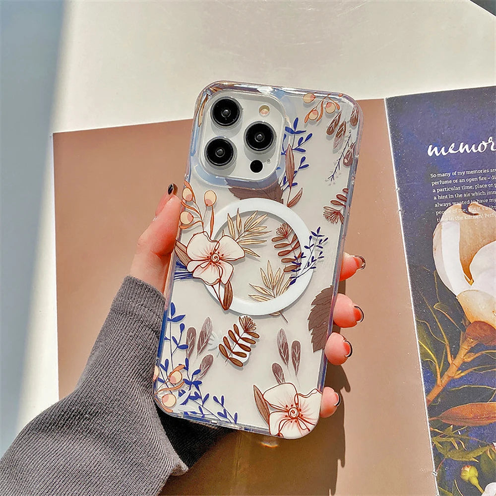 Luxury Magnetic Printing Flowers Phone Case For iPhone