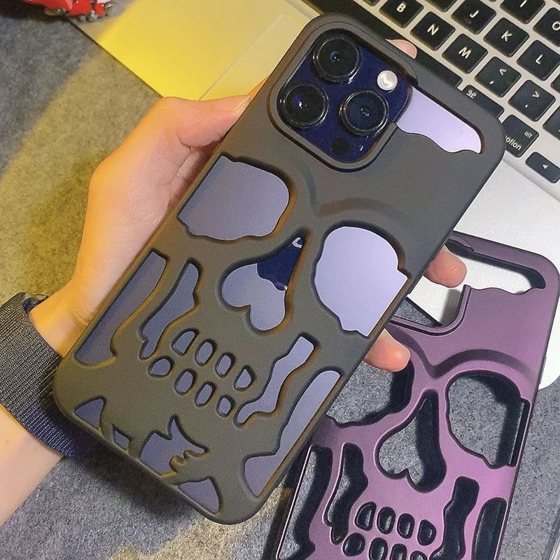 Luxury Matte Plating Metallic Color Hollow Out Skull Hard Case For iPhone