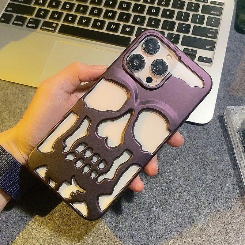 Luxury Matte Plating Metallic Color Hollow Out Skull Hard Case For iPhone