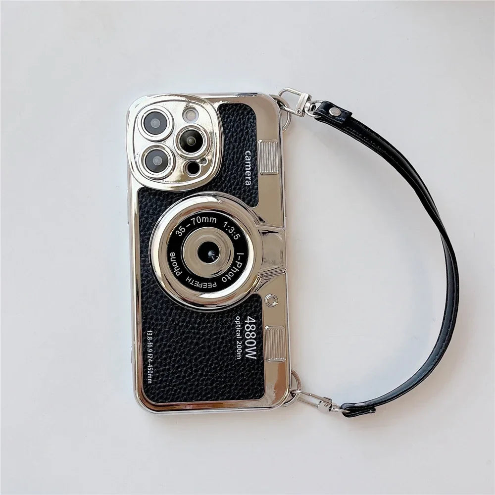 3D Retro Camera Graphic Phone Case PU Leather Strap For iPhone