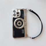 3D Retro Camera Graphic Phone Case PU Leather Strap For iPhone