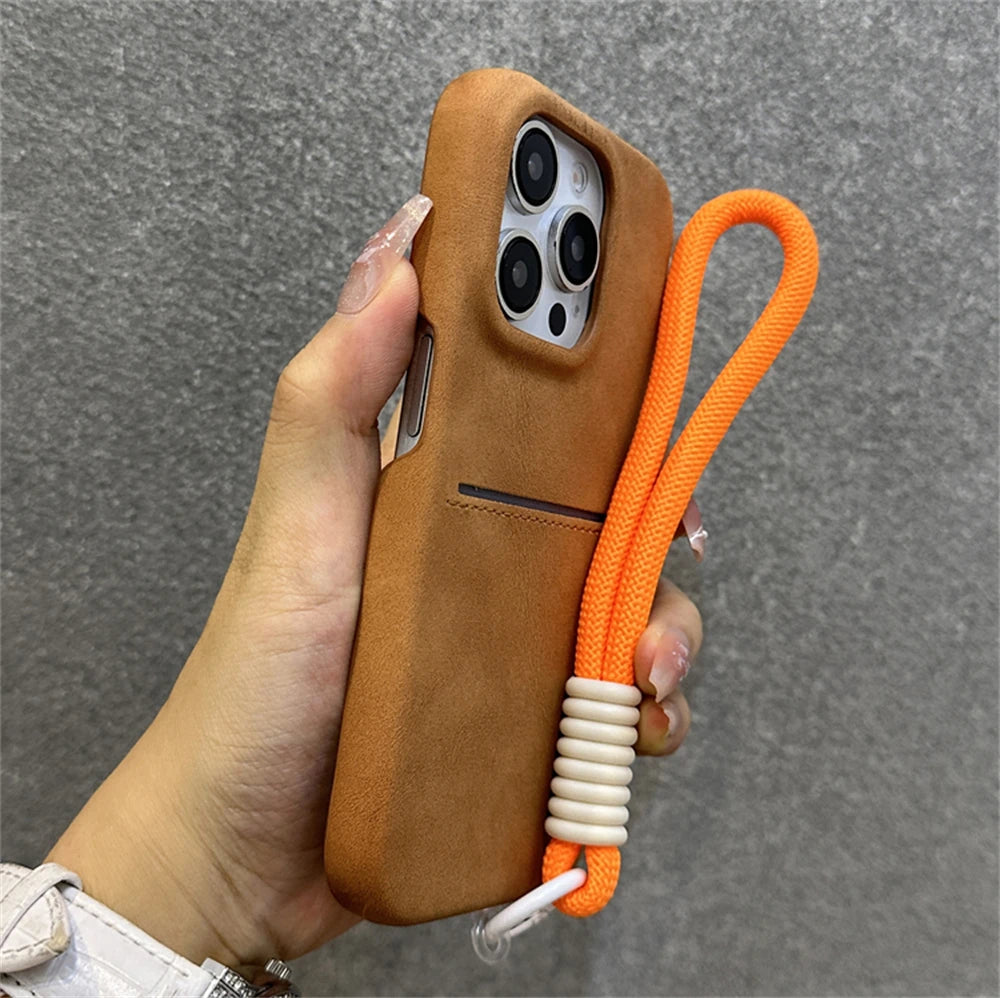 Matte Sheppskin Slot Card Holder with Wrist Hand Strap Case For iPhone