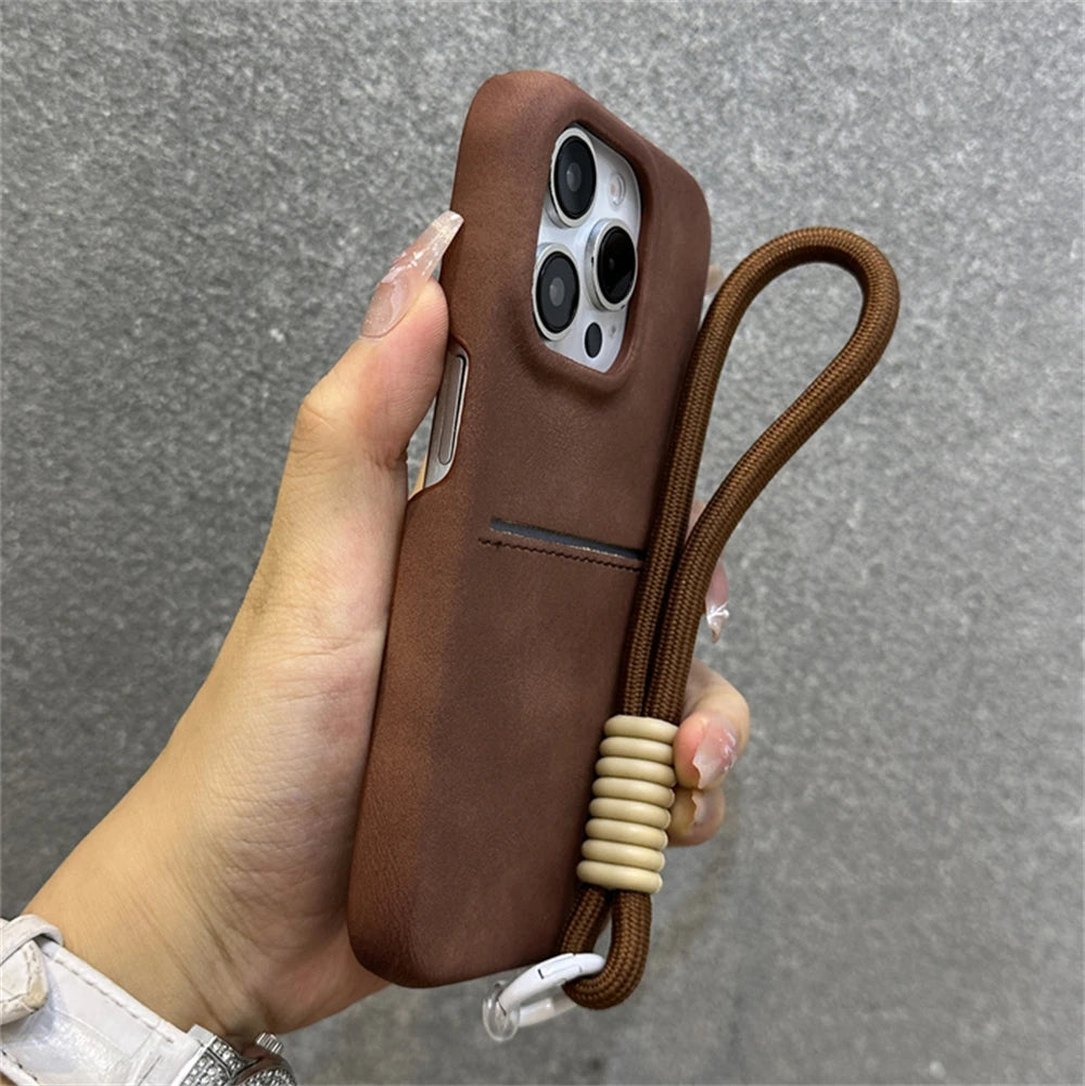 Matte Sheppskin Slot Card Holder with Wrist Hand Strap Case For iPhone