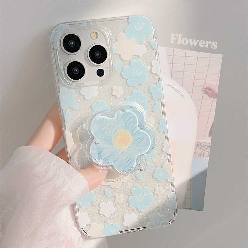 Blue floral glitter transparent bracket case for iPhone