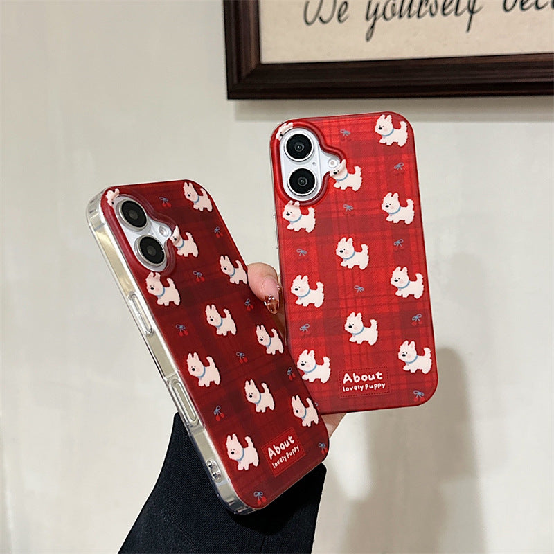 Cartoon Cherry Plaid Little White Dog Case for iPhone