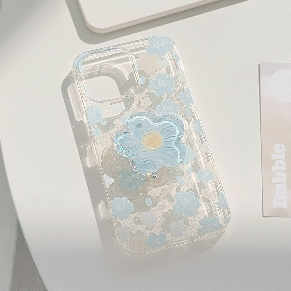 Blue floral glitter transparent bracket case for iPhone