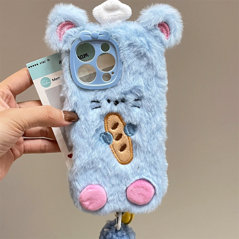 Funny And Cute Blue Bread Mouse Autumn And Winter Plush Case For iPhone