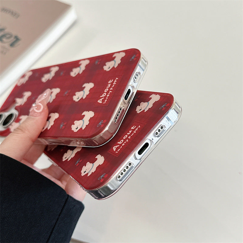 Cartoon Cherry Plaid Little White Dog Case for iPhone