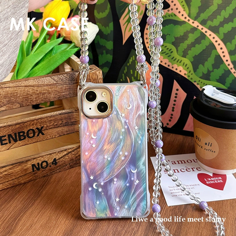 Dreamy Feather Star Chain Crossbody Wrist Bead Chain Case for iPhone