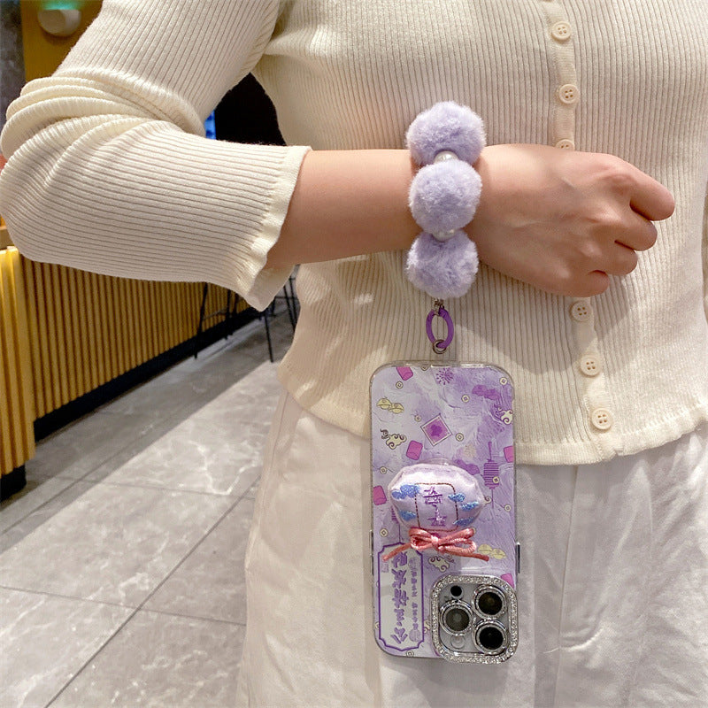 New Year Fortune Bag Stand Plush Bracelet Case for iPhone