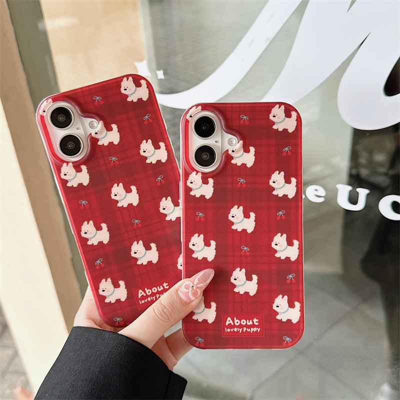 Cartoon Cherry Plaid Little White Dog Case for iPhone