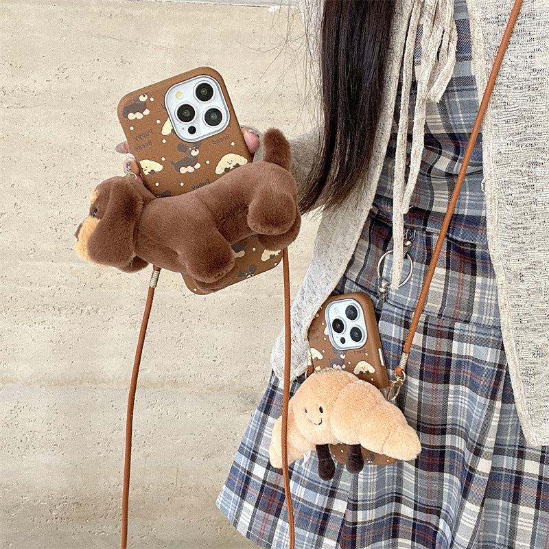 Autumn and winter plush dog back clip crossbody lanyard Case for iPhone