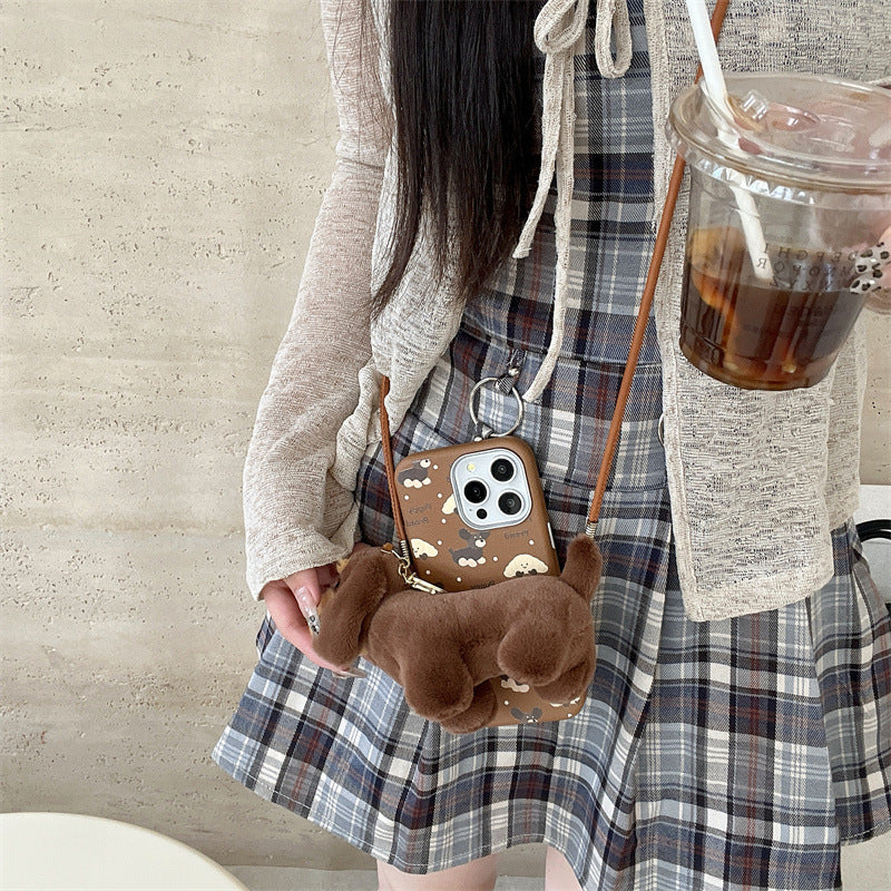 Autumn and winter plush dog back clip crossbody lanyard Case for iPhone