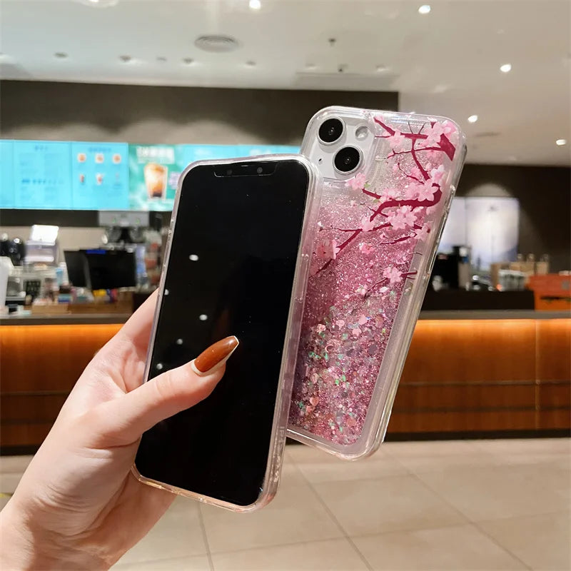 Pink Peach Blossom Glitter Quicksand Case for iPhone