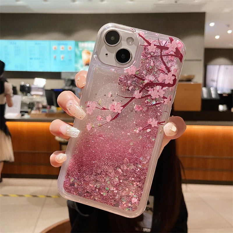 Pink Peach Blossom Glitter Quicksand Case for iPhone