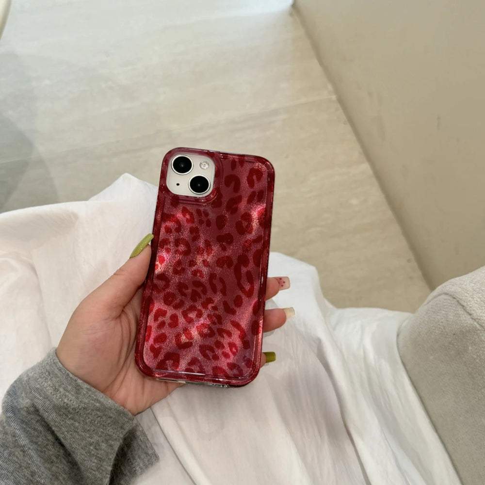 Retro Illusory Color Red Leopard Print Glitter Case for iPhone