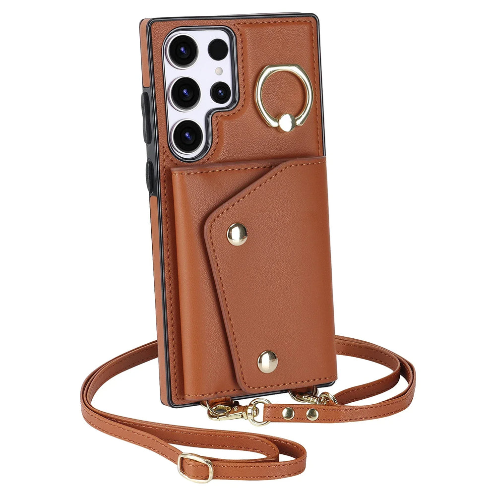 Ring Holder Crossbody Leather Wallet Lanyard  Case For Samsung Galaxy