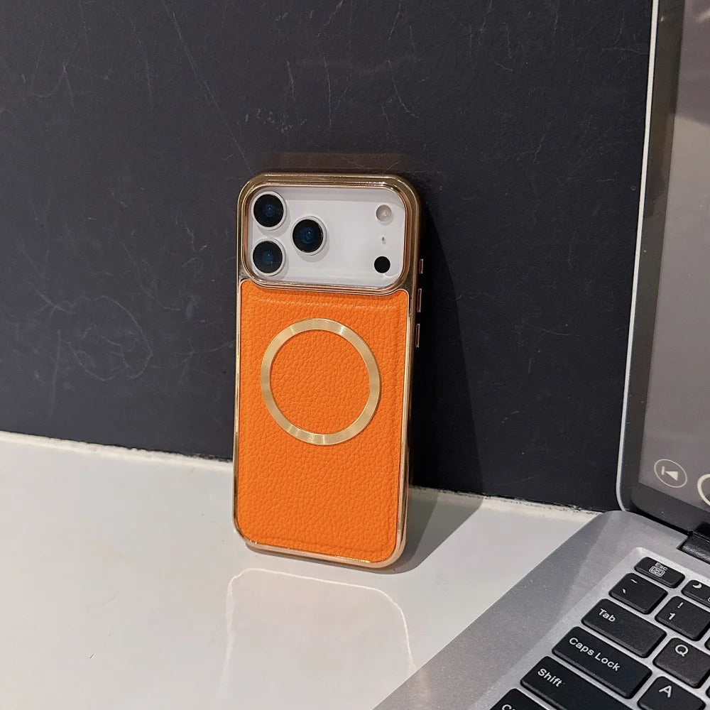 Litchi Pattern PU Leather Magnetic Plating Bumper Case for iPhone