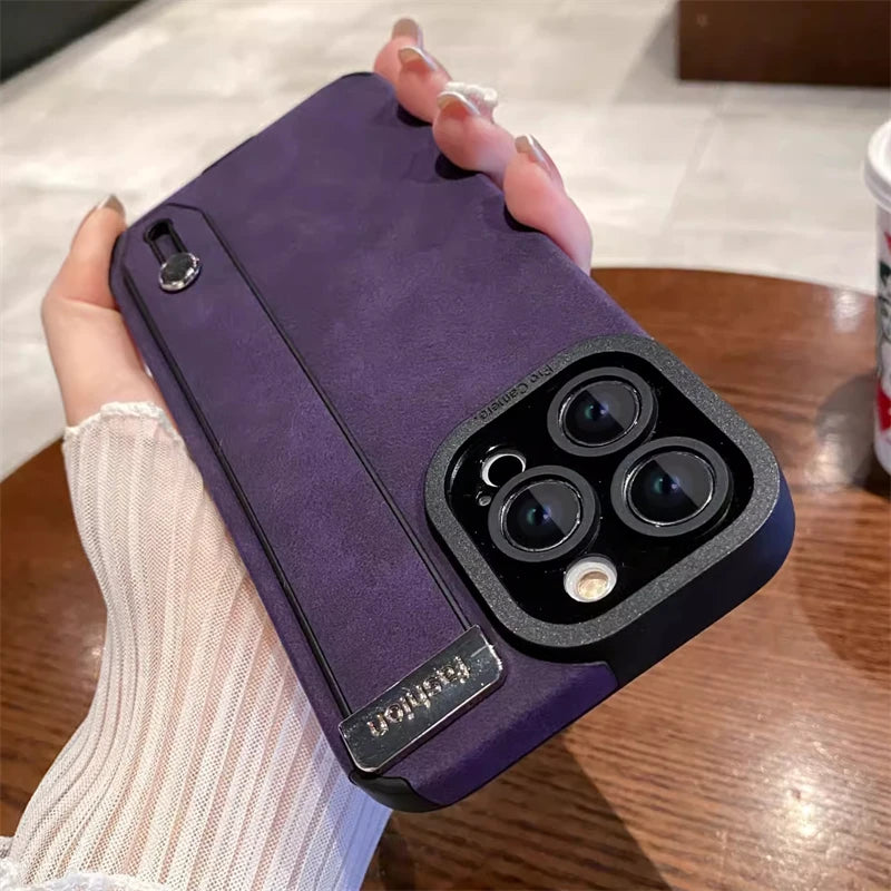Suede Fur Leather Wrist Strap Holder Shockproof Case for iPhone
