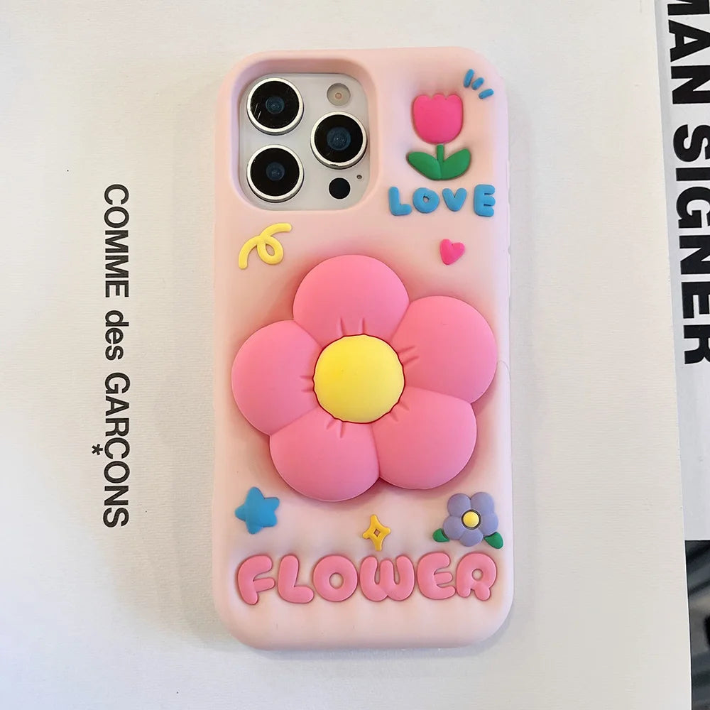 Cute 3D Floral Bracket Soft Silicone Flower Stand Holder Case  for iPhone