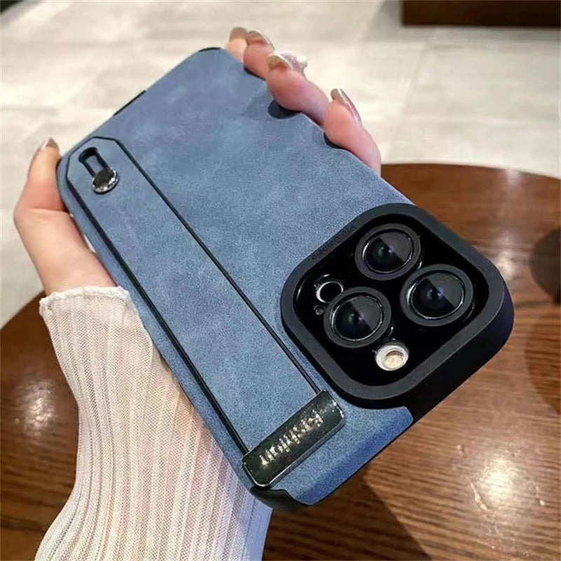 Suede Fur Leather Wrist Strap Holder Shockproof Case for iPhone
