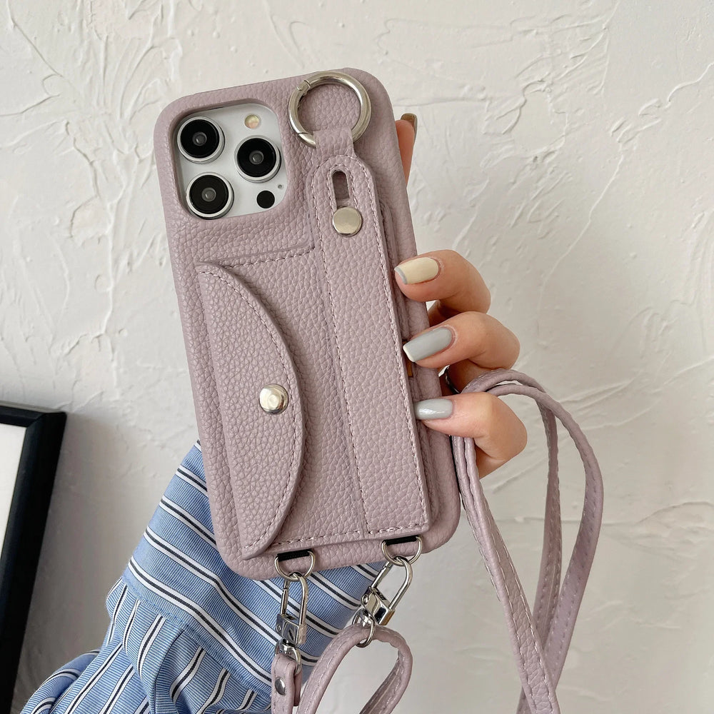 Wrist Strap Crossbody Lanyard Card Holder Wallet Leather Case for iPhone
