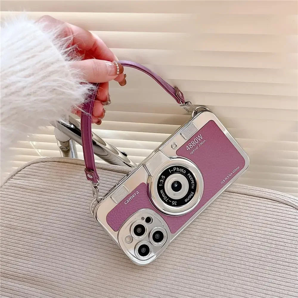3D Retro Camera Graphic Phone Case PU Leather Strap For iPhone
