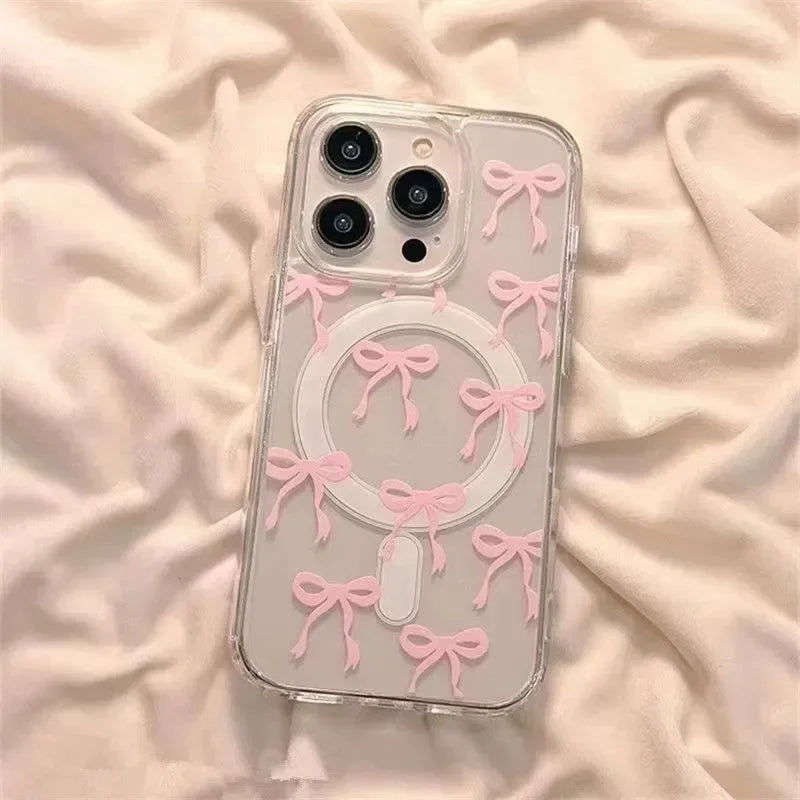 Pink Bow Transparent Magnetic Case For iPhone INS Soft Cover