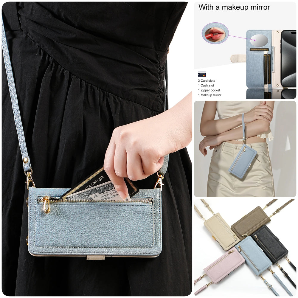 Crossbody Zipper Wallet Card Holder with a mirror Case for Samsung
