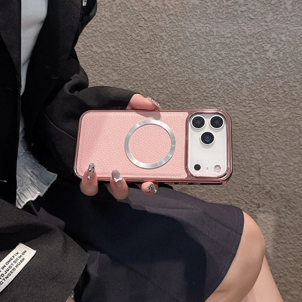 Litchi Pattern PU Leather Magnetic Plating Bumper Case for iPhone