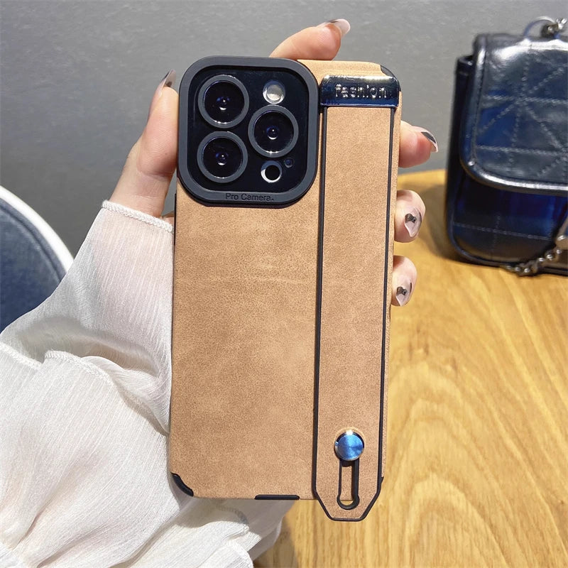 Suede Fur Leather Wrist Strap Holder Shockproof Case for iPhone