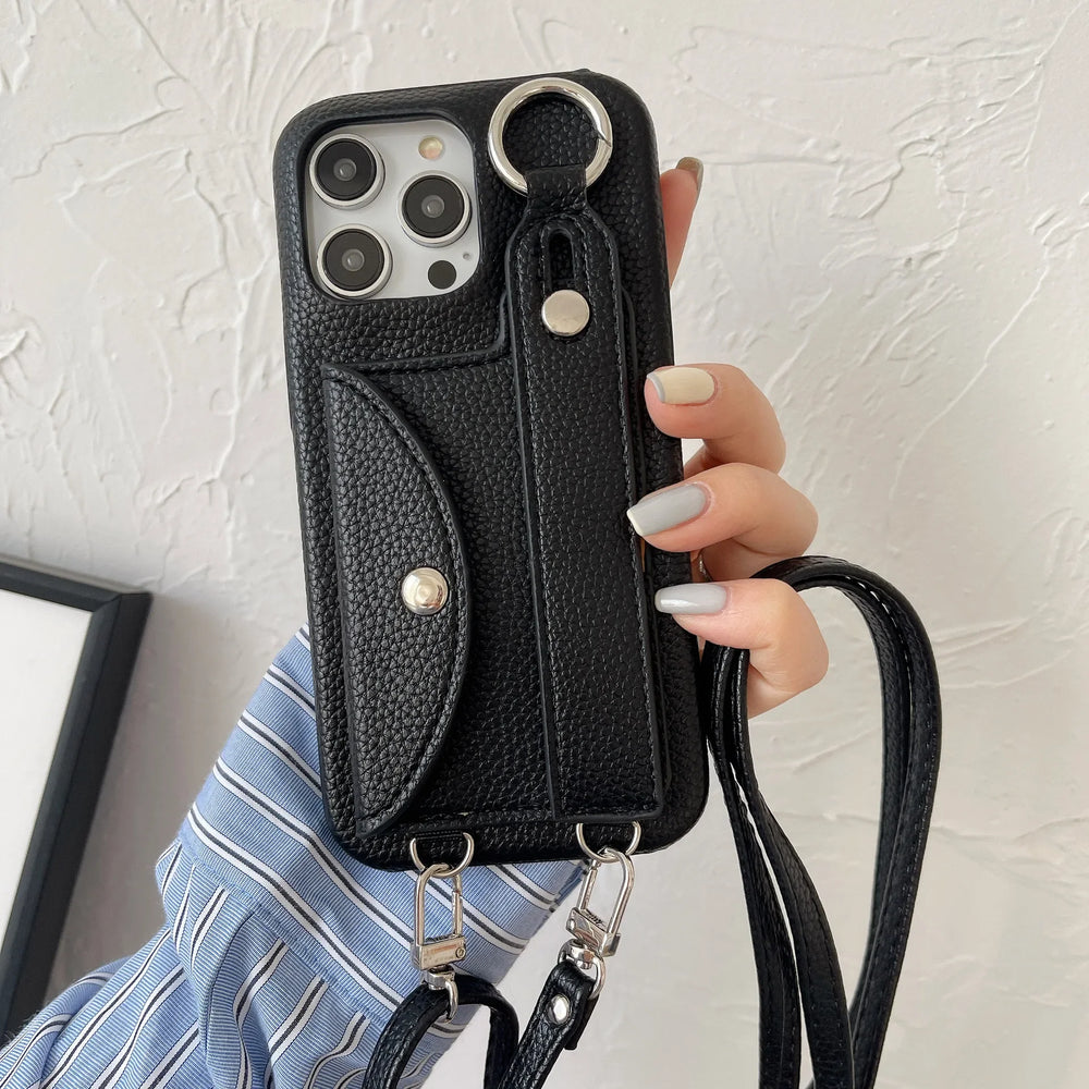 Wrist Strap Crossbody Lanyard Card Holder Wallet Leather Case for iPhone