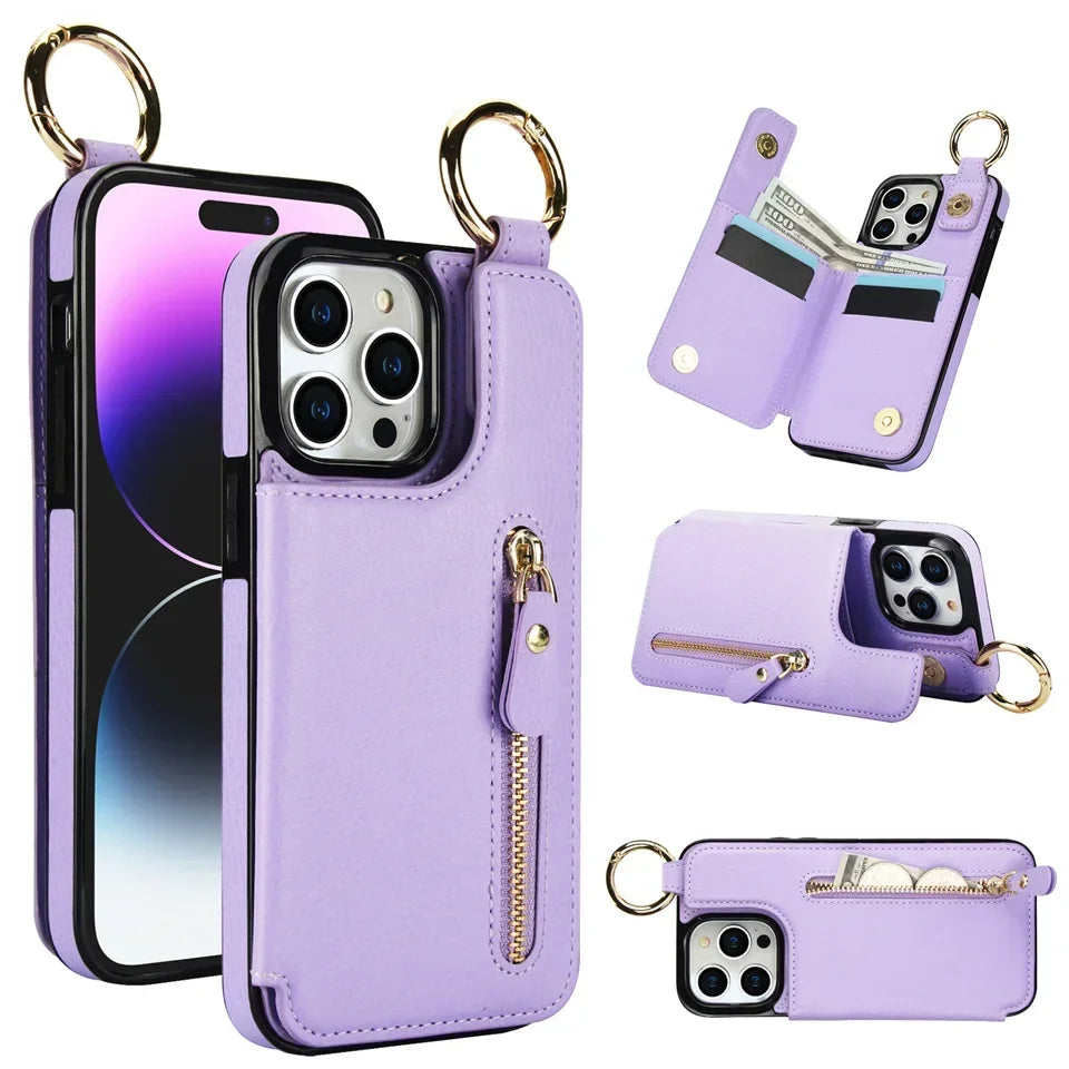Zipper Wallet Card Holder Double Buckle Phone Bag Ring Case for iPhone