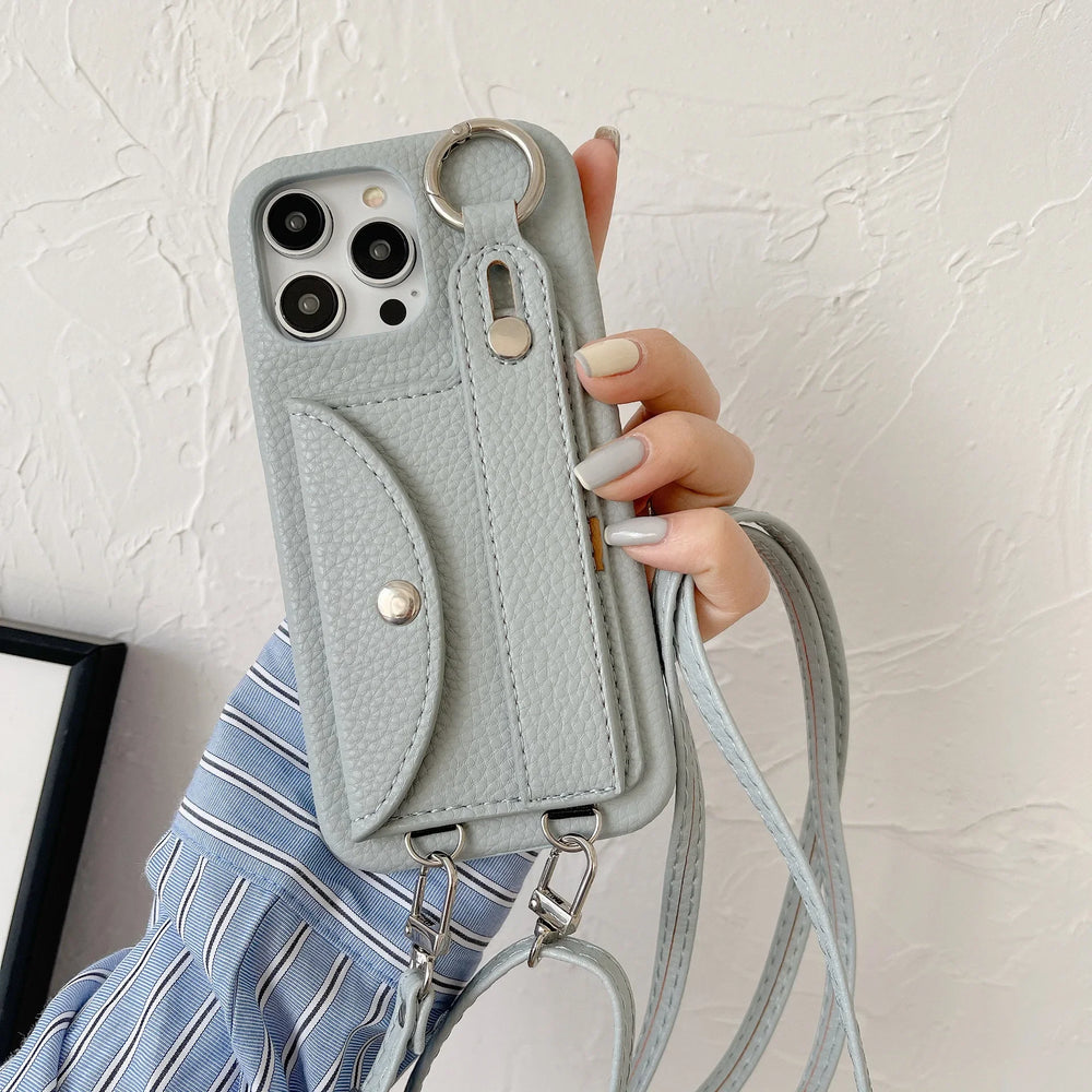 Wrist Strap Crossbody Lanyard Card Holder Wallet Leather Case for iPhone