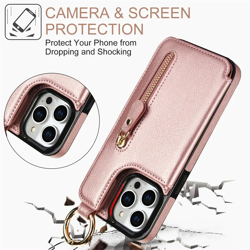 Zipper Wallet Card Holder Double Buckle Phone Bag Ring Case for iPhone