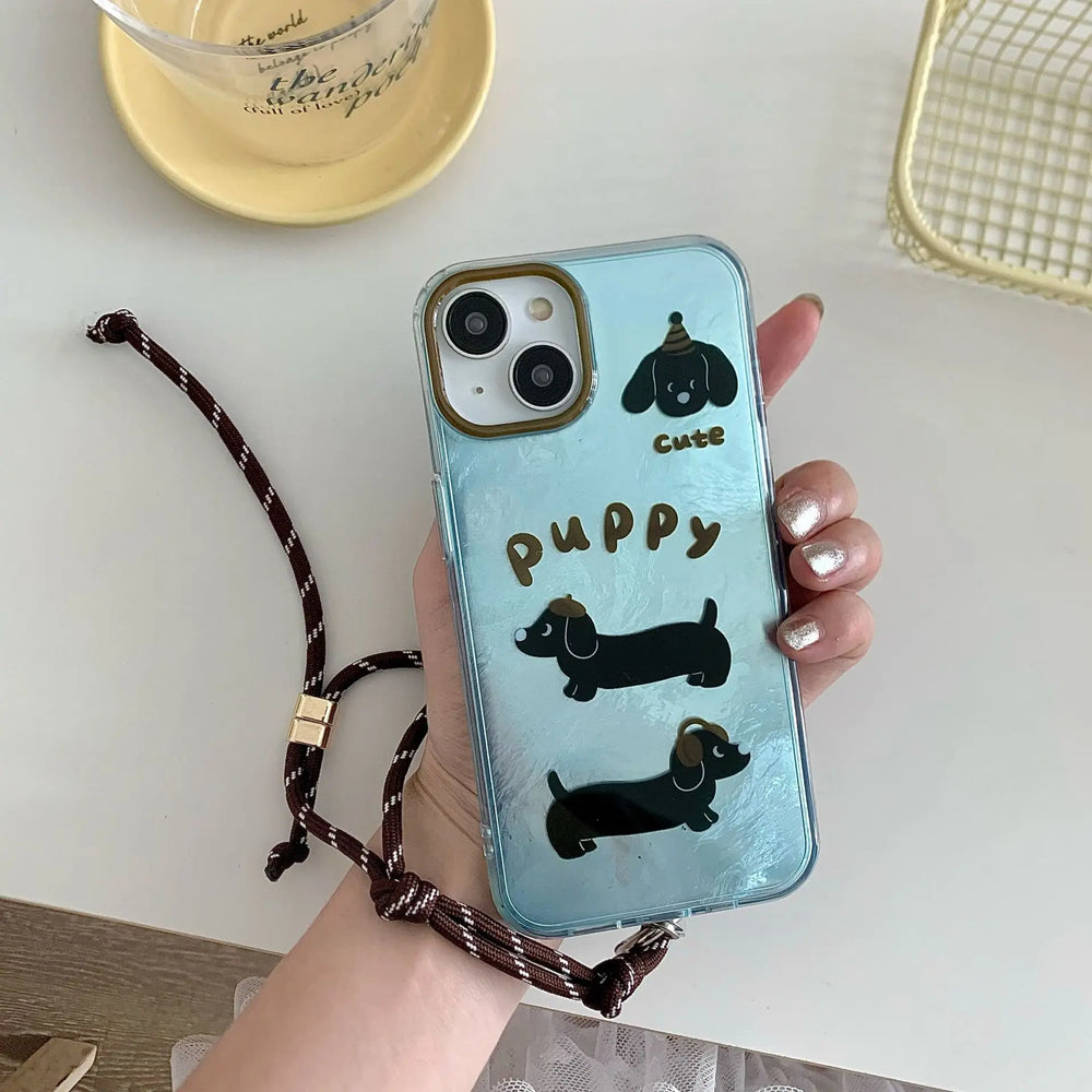 Whirlpool Pattern Blue Brown Puppy With Lanyard Case  For iPhone