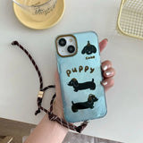 Whirlpool Pattern Blue Brown Puppy With Lanyard Case  For iPhone