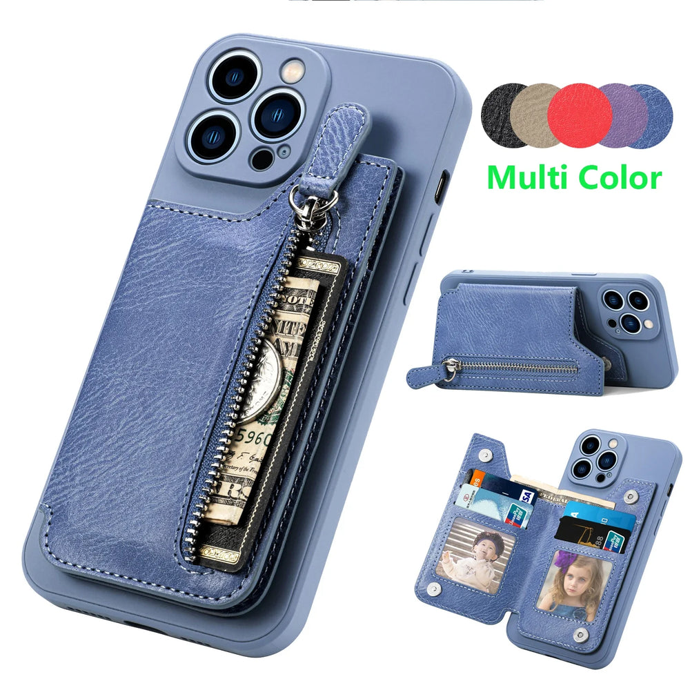 Zipper Cards Holder Leather Wallet Anti-drop Case For iPhone