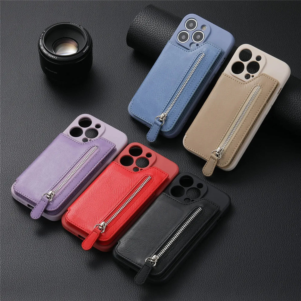 Zipper Cards Holder Leather Wallet Anti-drop Case For iPhone